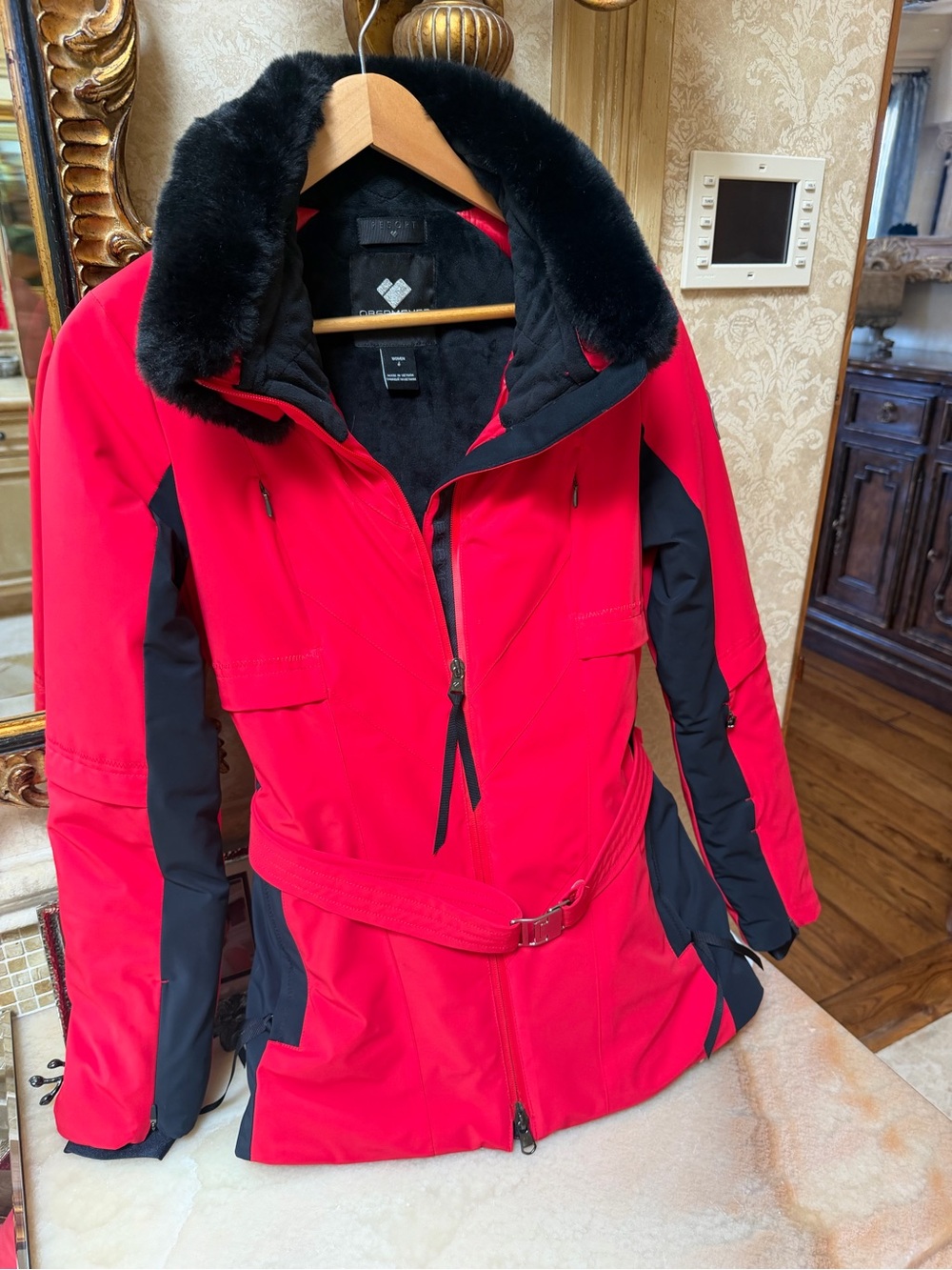 Obermeyer Red and Black Ski Jacket with Faux-Fur Collar
